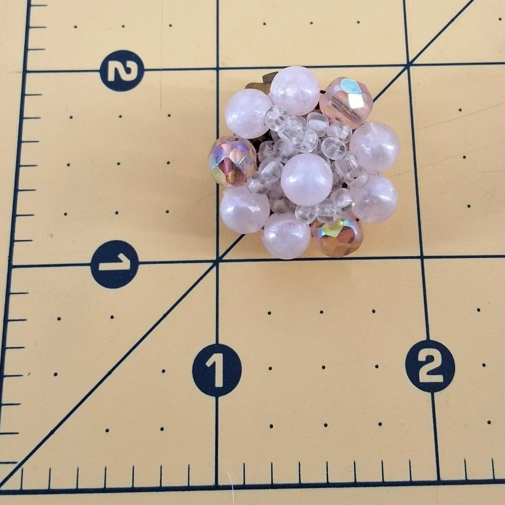 Vintage West Germany Pink Faux Pearl & AB Crystal Cluster Clip On Earrings
